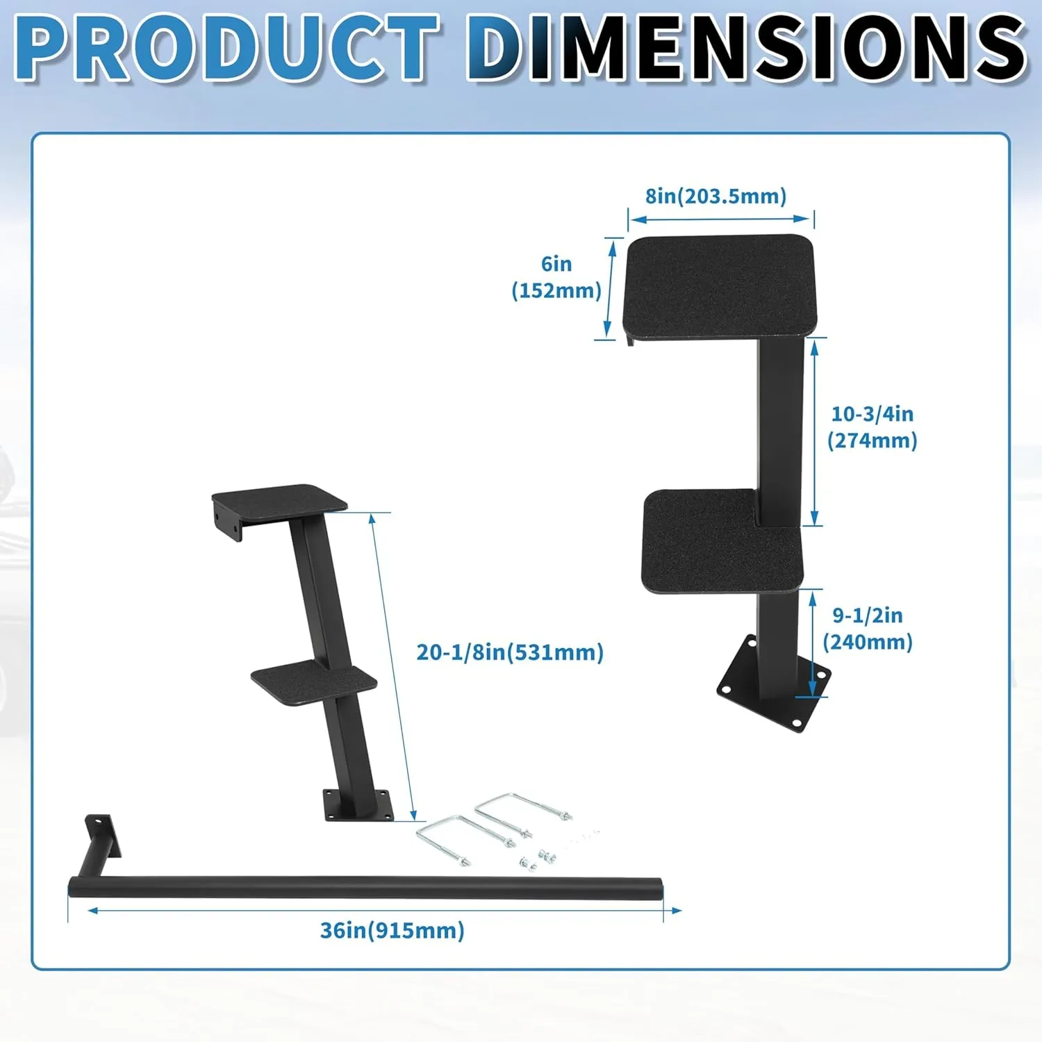 KUAFU Boat Trailer Steps Boat Boarding Steps with Handle Fit 3.5" or 3" Wide and 5" Tall Fit for Most All Boats Universal Triple Steps Dual Step Black Steel Powder Coated 2 Step