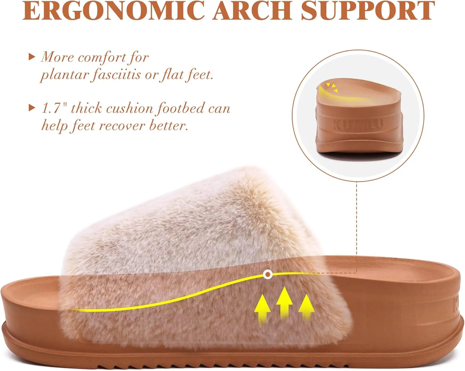 KuaiLu Women's Orthotic Slippers With Arch Support Soft Cushion Sandal Slippers for Woman Ladies Fashion Open Toe Faux Fur Platform Slipper Indoor Outdoor Size 6~12