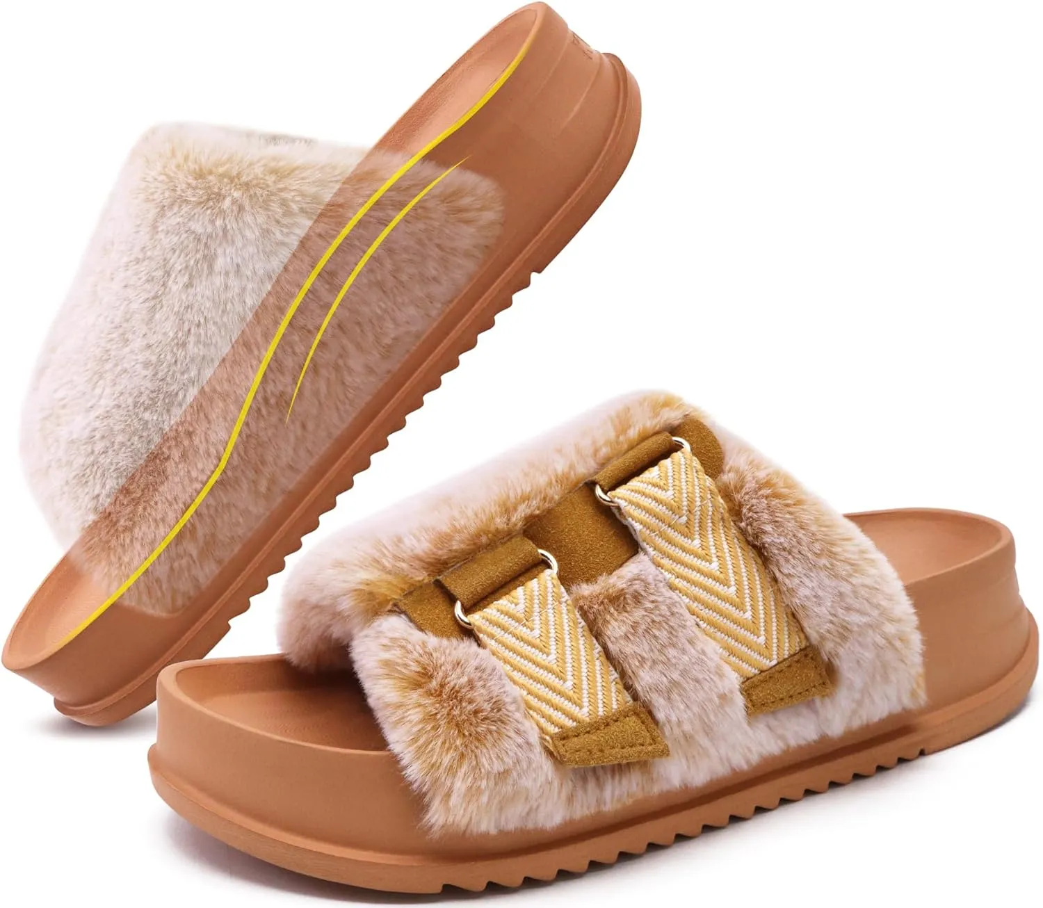 KuaiLu Women's Orthotic Slippers With Arch Support Soft Cushion Sandal Slippers for Woman Ladies Fashion Open Toe Faux Fur Platform Slipper Indoor Outdoor Size 6~12