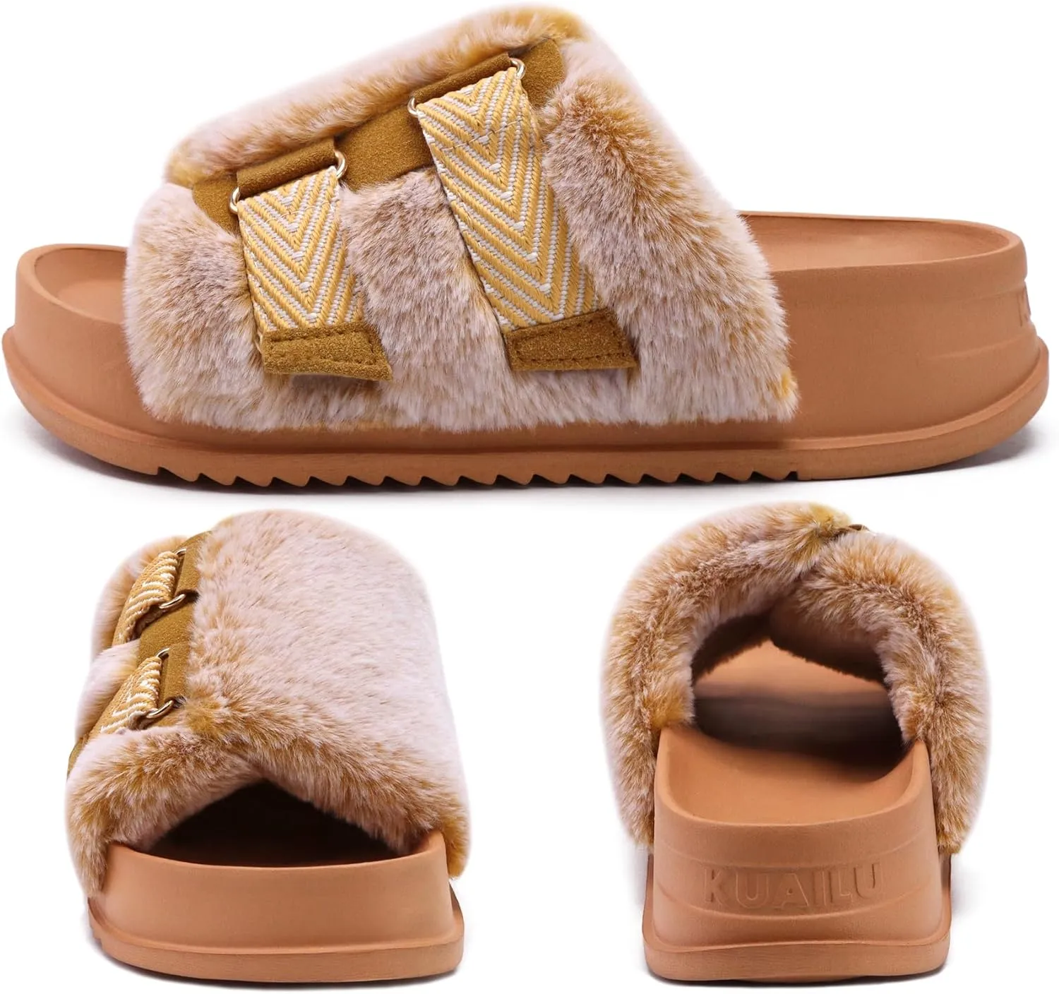 KuaiLu Women's Orthotic Slippers With Arch Support Soft Cushion Sandal Slippers for Woman Ladies Fashion Open Toe Faux Fur Platform Slipper Indoor Outdoor Size 6~12