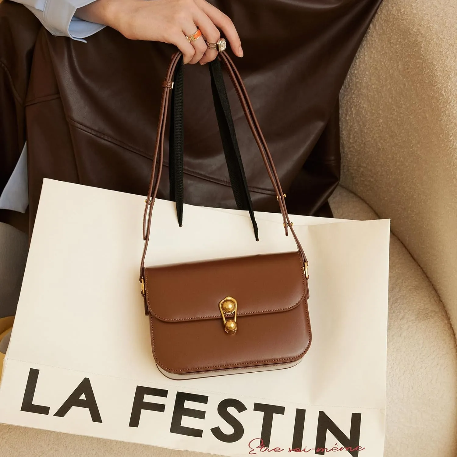 LA'FESTIN Leather Purse Small Bags For Women: Black Shoulder Handbags Crossbody Bag