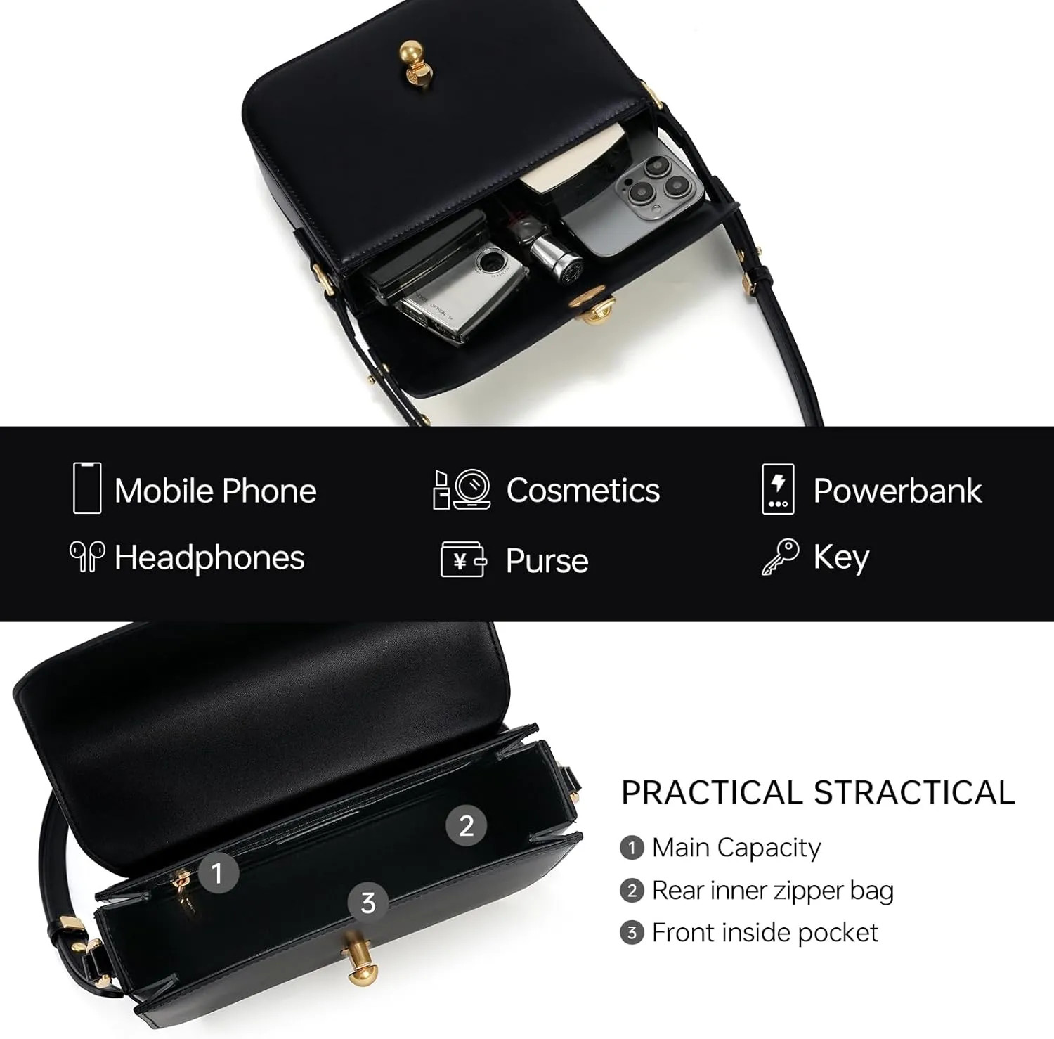 LA'FESTIN Leather Purse Small Bags For Women: Black Shoulder Handbags Crossbody Bag
