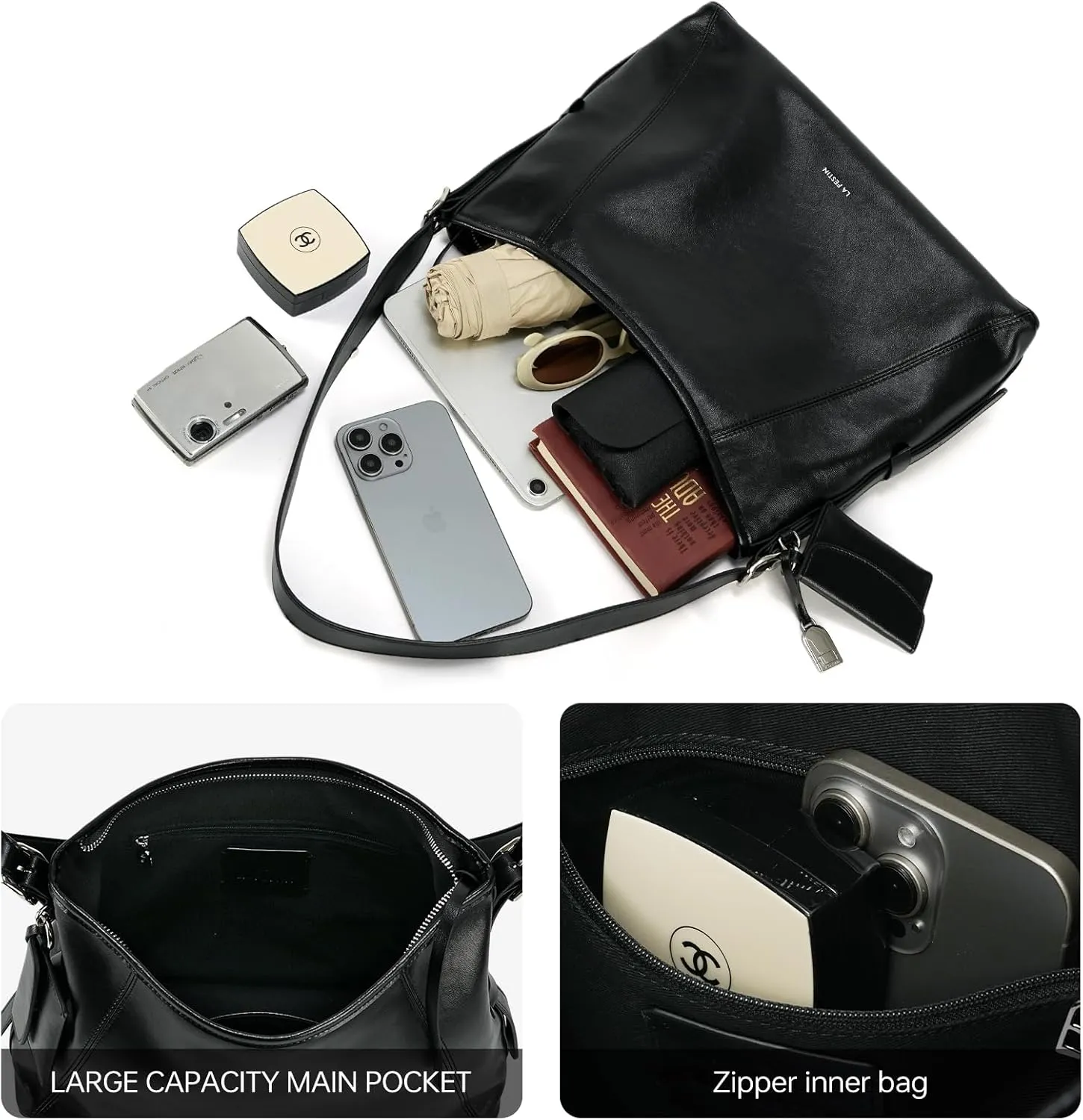 LA'FESTIN Leather Shoulder Purse For Women: Black Crossbody Bags Small Handbags - Trendy Medium Hobo Bag