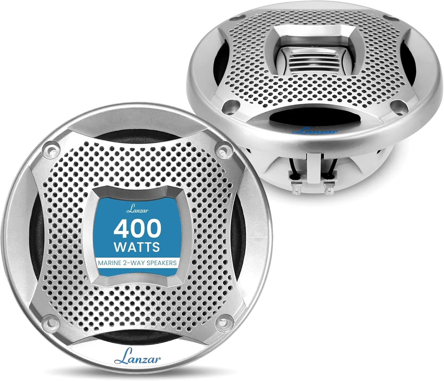 Lanzar 5.25" 2-Way Marine Speakers, 400W Water-Resistant Boat and UTV Speakers, Polypropylene Cone, Dome Tweeter, 4 Ohm Impedance, Includes Grills, Mounting Gasket & Hardware (Silver)