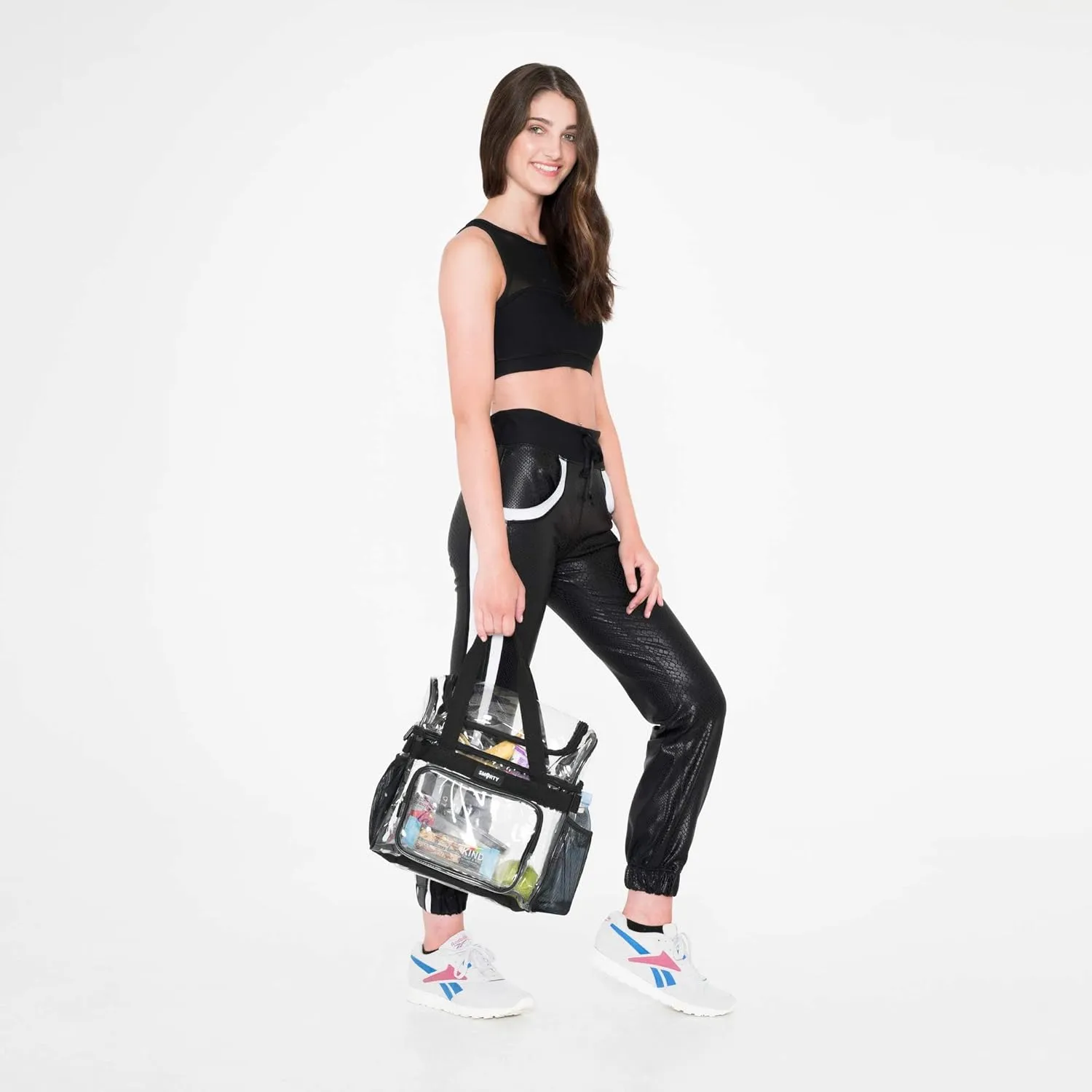 Large Clear Lunch Tote Heavy Duty Stadium Bag Approved Durable Crossbody Makeup Cosmetic Box for Men Women Work (Black, 12 x 6 x 12)