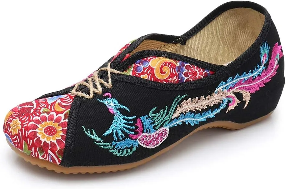 Lazutom Women Lady Vintage Chinese Style Embroidery Slip-On Cheongsam Walking Shoes