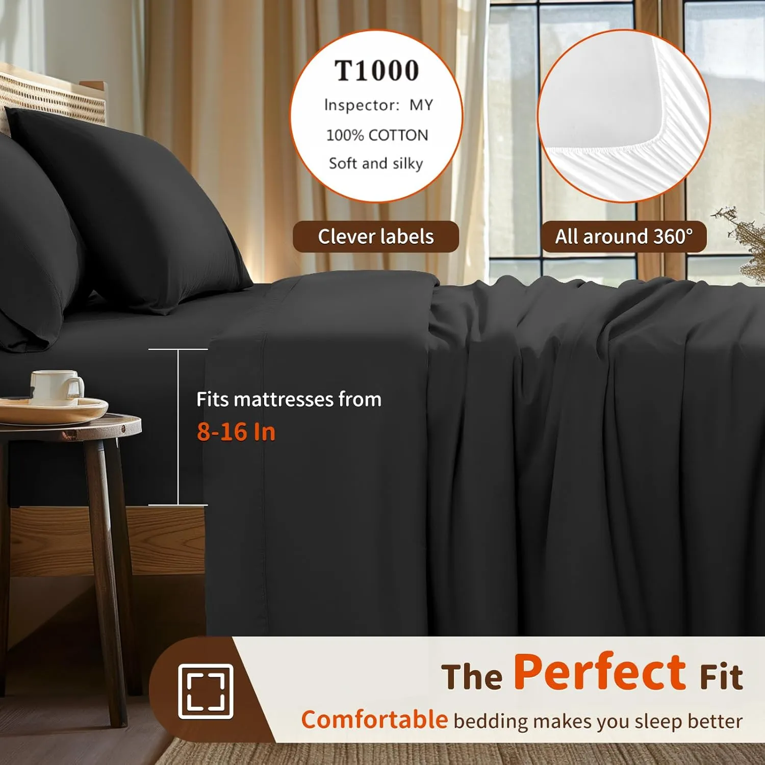 LBRO2M 1000 Thread Count 100% Cotton Sheets Set,King Size Bed Sheet 4 Piece Sets,Long Staple,16 Inches Deep Pocket,All Season,Bedding Super Soft Comforterble Breathable,Sateen Weave(Black)