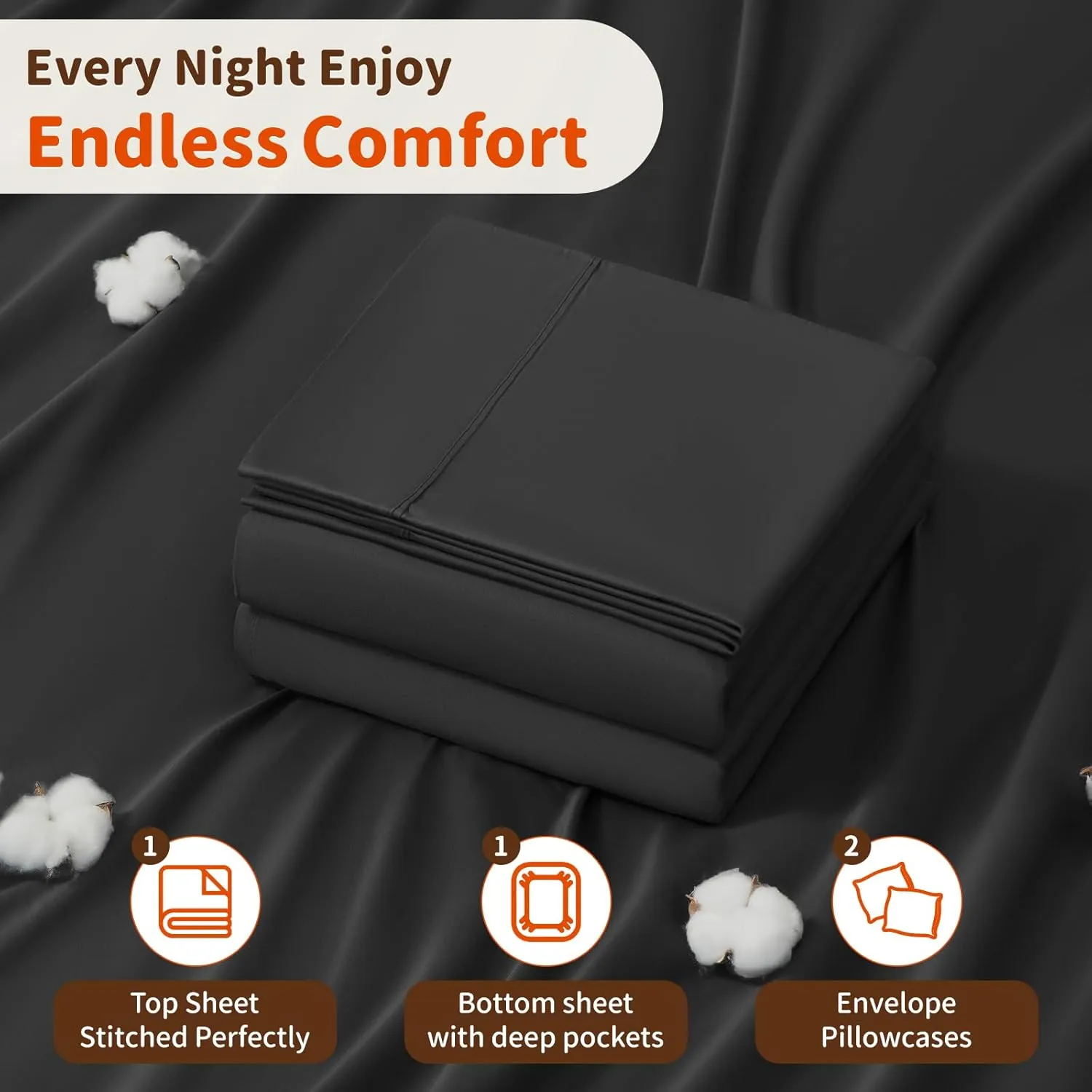 LBRO2M 1000 Thread Count 100% Cotton Sheets Set,King Size Bed Sheet 4 Piece Sets,Long Staple,16 Inches Deep Pocket,All Season,Bedding Super Soft Comforterble Breathable,Sateen Weave(Black)