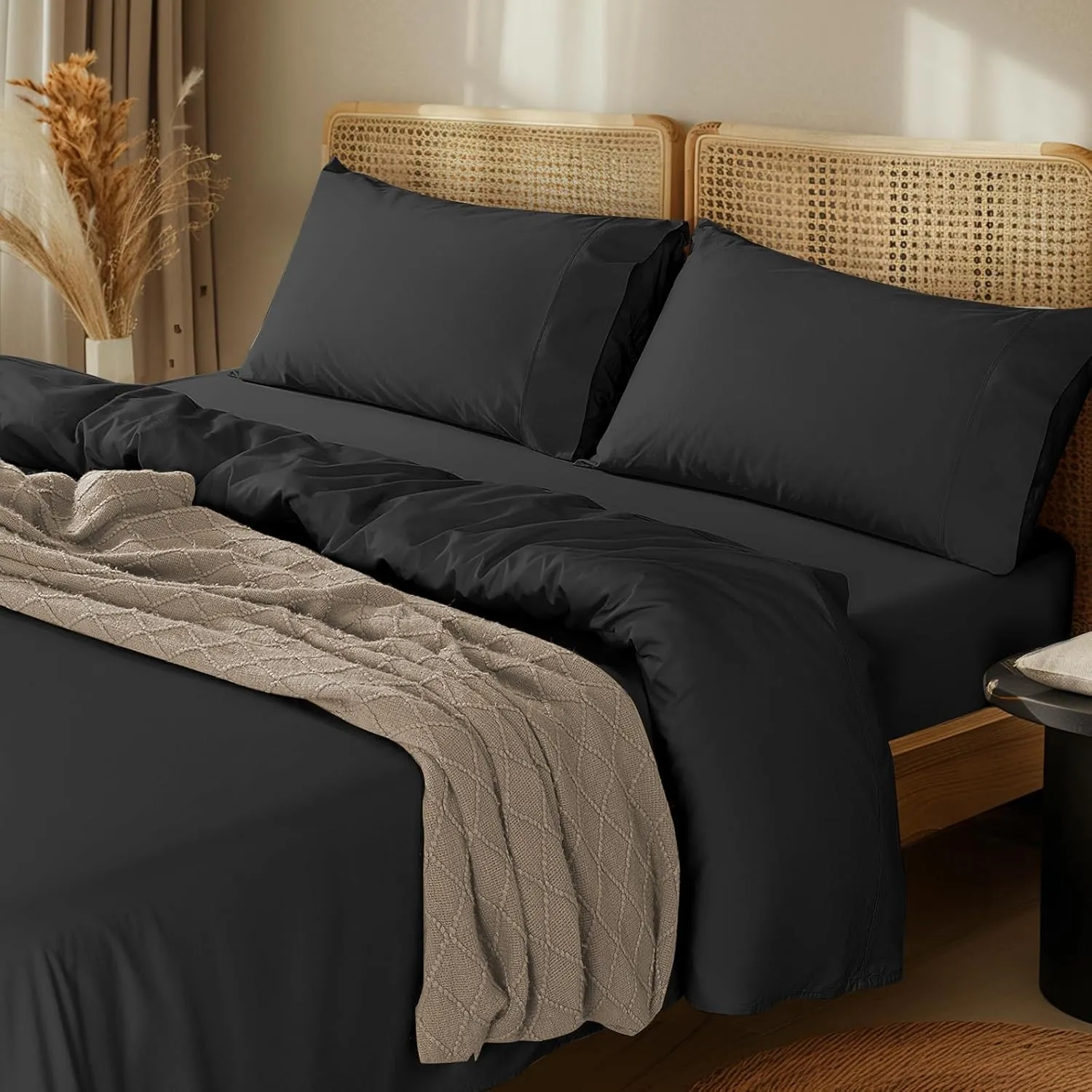 LBRO2M 1000 Thread Count 100% Cotton Sheets Set,King Size Bed Sheet 4 Piece Sets,Long Staple,16 Inches Deep Pocket,All Season,Bedding Super Soft Comforterble Breathable,Sateen Weave(Black)