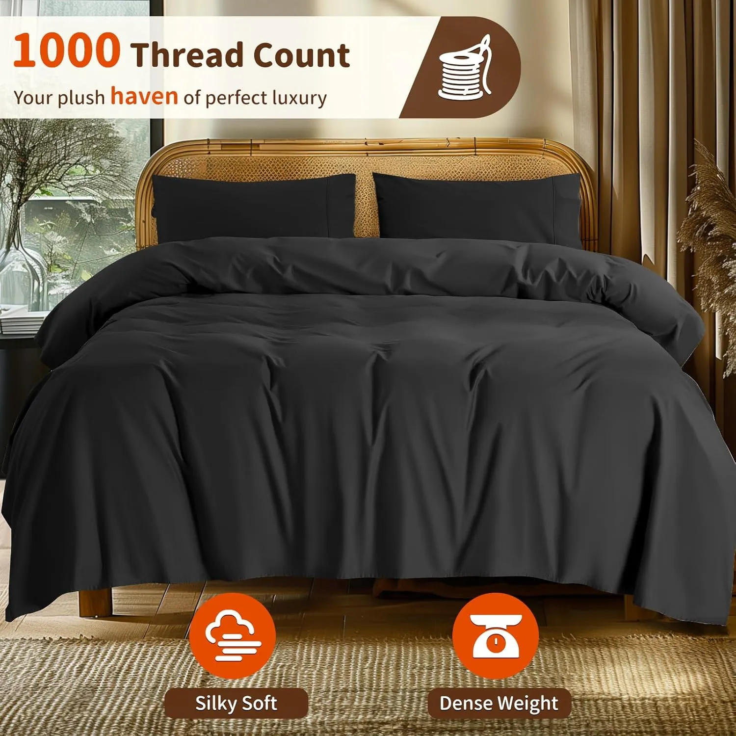LBRO2M 1000 Thread Count 100% Cotton Sheets Set,King Size Bed Sheet 4 Piece Sets,Long Staple,16 Inches Deep Pocket,All Season,Bedding Super Soft Comforterble Breathable,Sateen Weave(Black)