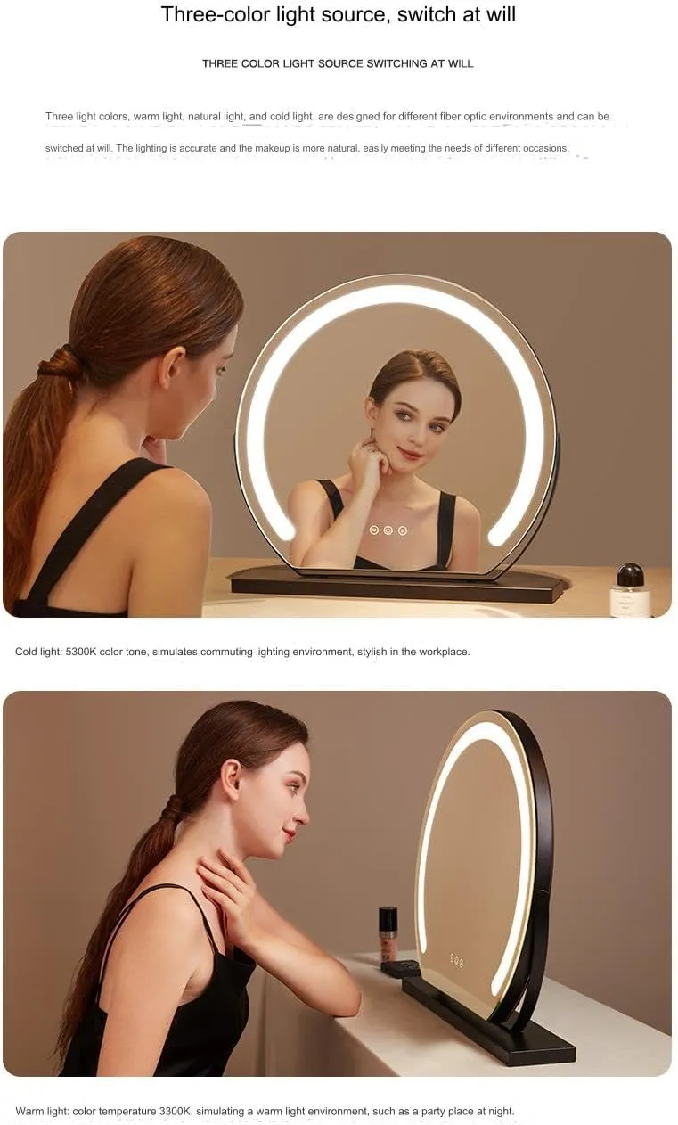 LED Light Half Round Lighted Makeup Mirror, 3 Color Lighting Modes, Makeup Fill Plug Rechargeable Smart Touch Control, 360 Degree Rotation (Black, 30CM)