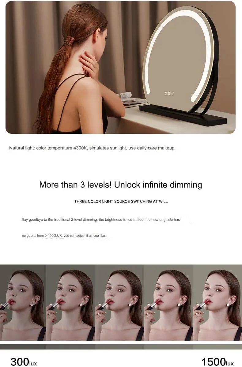 LED Light Half Round Lighted Makeup Mirror, 3 Color Lighting Modes, Makeup Fill Plug Rechargeable Smart Touch Control, 360 Degree Rotation (Black, 30CM)