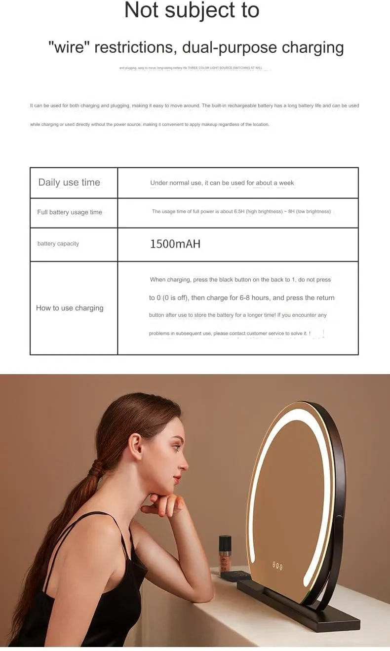 LED Light Half Round Lighted Makeup Mirror, 3 Color Lighting Modes, Makeup Fill Plug Rechargeable Smart Touch Control, 360 Degree Rotation (Black, 30CM)