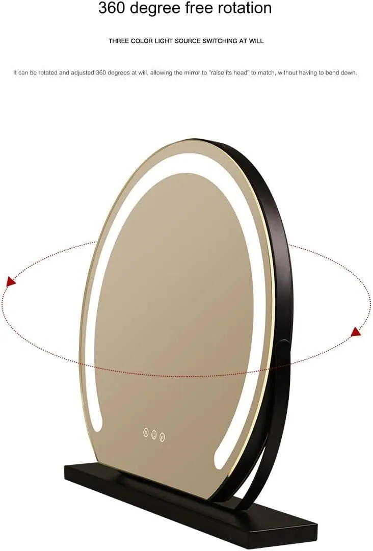 LED Light Half Round Lighted Makeup Mirror, 3 Color Lighting Modes, Makeup Fill Plug Rechargeable Smart Touch Control, 360 Degree Rotation (Black, 30CM)