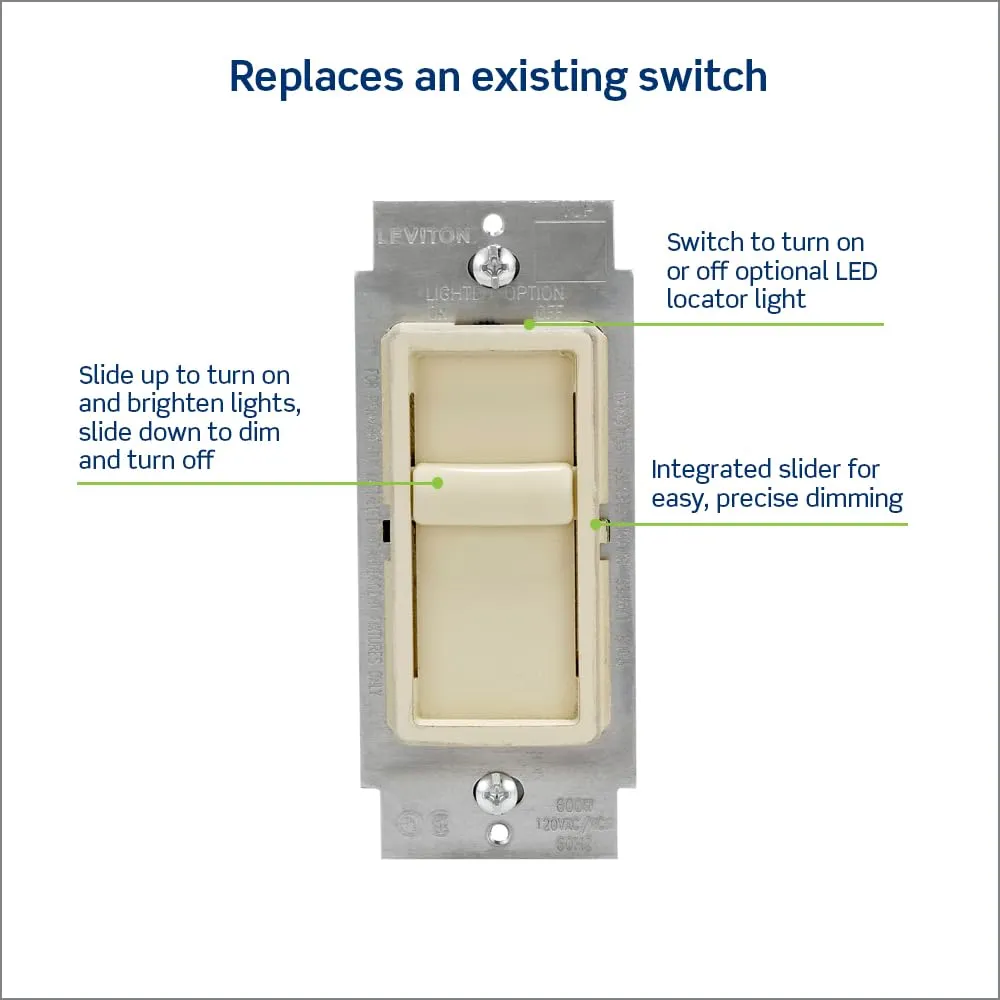 Leviton SureSlide Dimmer Switch for Dimmable LED, Halogen and Incandescent Bulbs, 6672-1LT, Light Almond