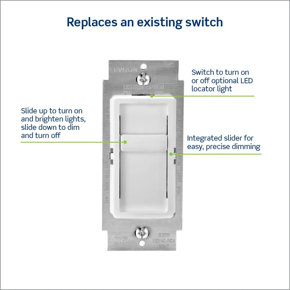 Leviton SureSlide Dimmer Switch for Dimmable LED, Halogen and Incandescent Bulbs, 6672-1LW, White