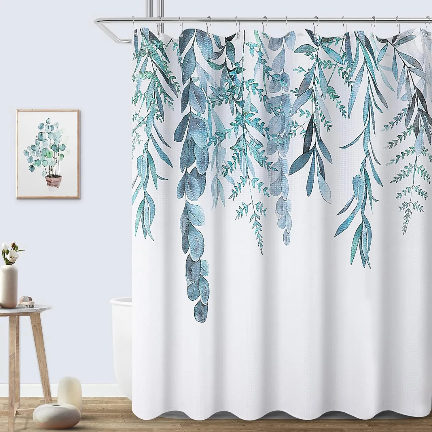 Light Blue Eucalyptus Shower Curtain for Bathroom Dusty Blue Nature Botanical Shower Curtain Set Waffle Floral Leaf Bath Decor Spring Natural Leaves Bath Curtains Greyish Bathroom Set 72x72