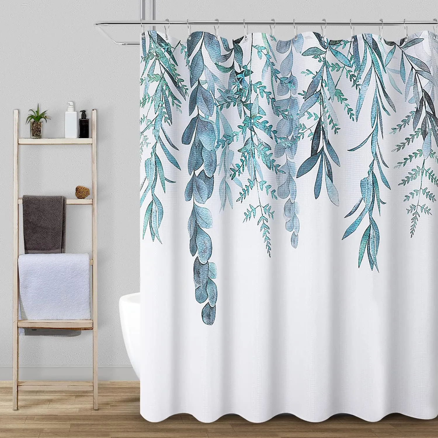 Light Blue Eucalyptus Shower Curtain for Bathroom Dusty Blue Nature Botanical Shower Curtain Set Waffle Floral Leaf Bath Decor Spring Natural Leaves Bath Curtains Greyish Bathroom Set 72x72