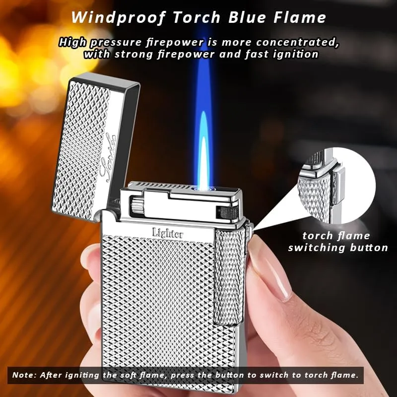Lighters Soft Flame Lighter Retro Grinding Wheel Traditional Butane Torch Lighter with Adjustable Flame Dial Vertical Ignition Roller Classic Metal Relief Lighter (Black Wire Drawing)