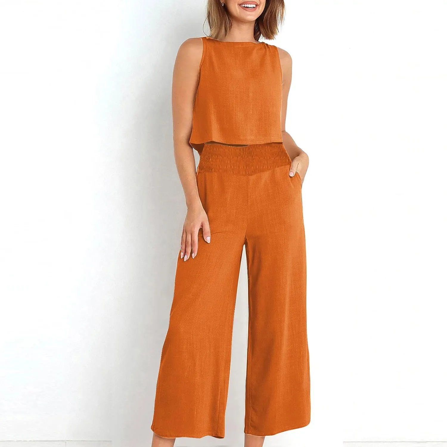 Linen Two Piece Sets For Women Summer 2024 Casual Sleeveless Crop Top & High Waist Wide Leg Matching Lounge Set Outfits
