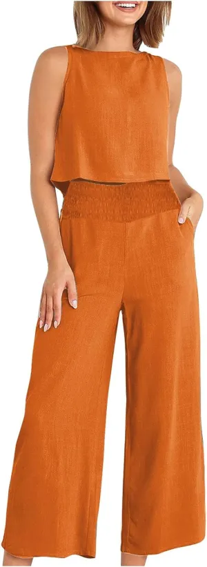 Linen Two Piece Sets For Women Summer 2024 Casual Sleeveless Crop Top & High Waist Wide Leg Matching Lounge Set Outfits