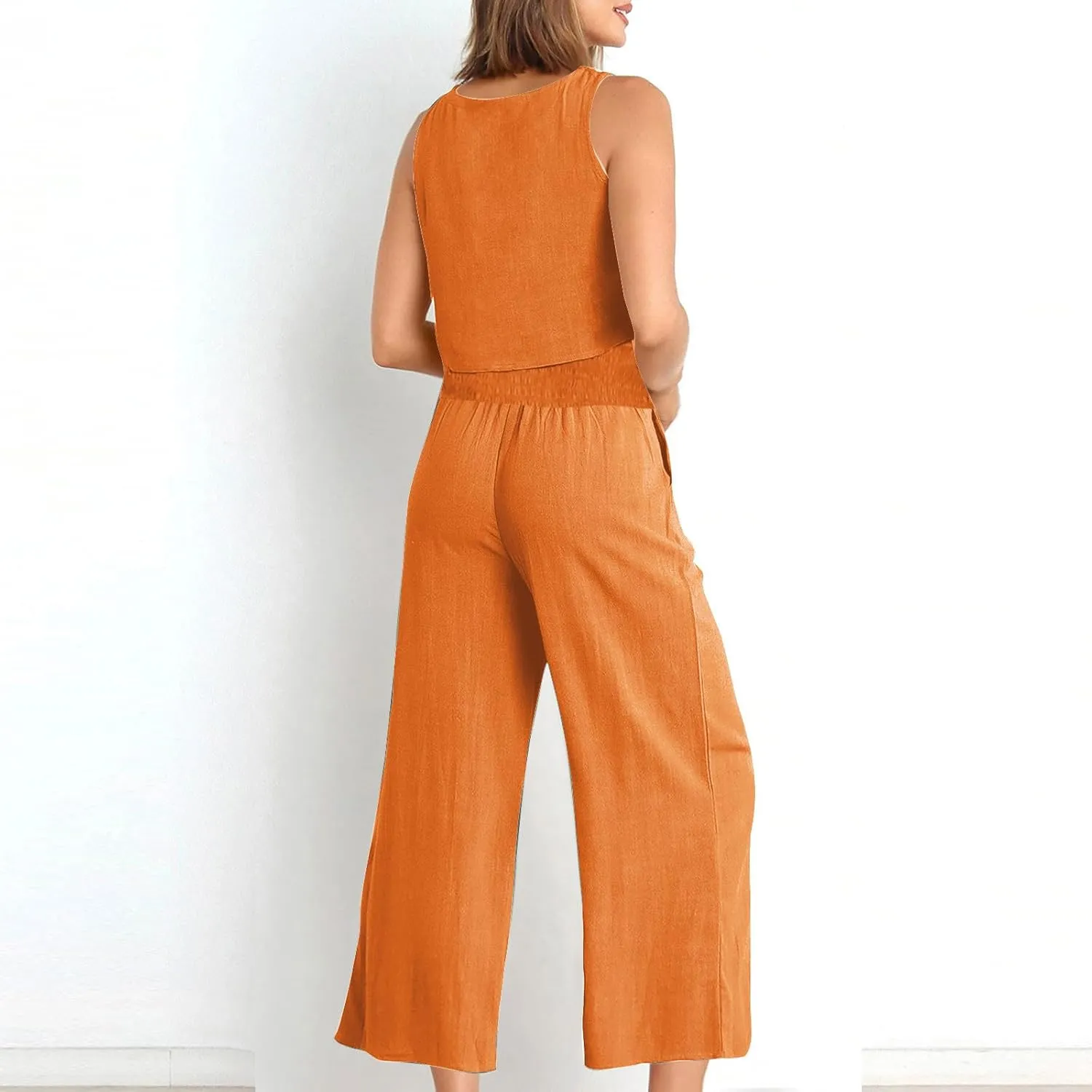 Linen Two Piece Sets For Women Summer 2024 Casual Sleeveless Crop Top & High Waist Wide Leg Matching Lounge Set Outfits