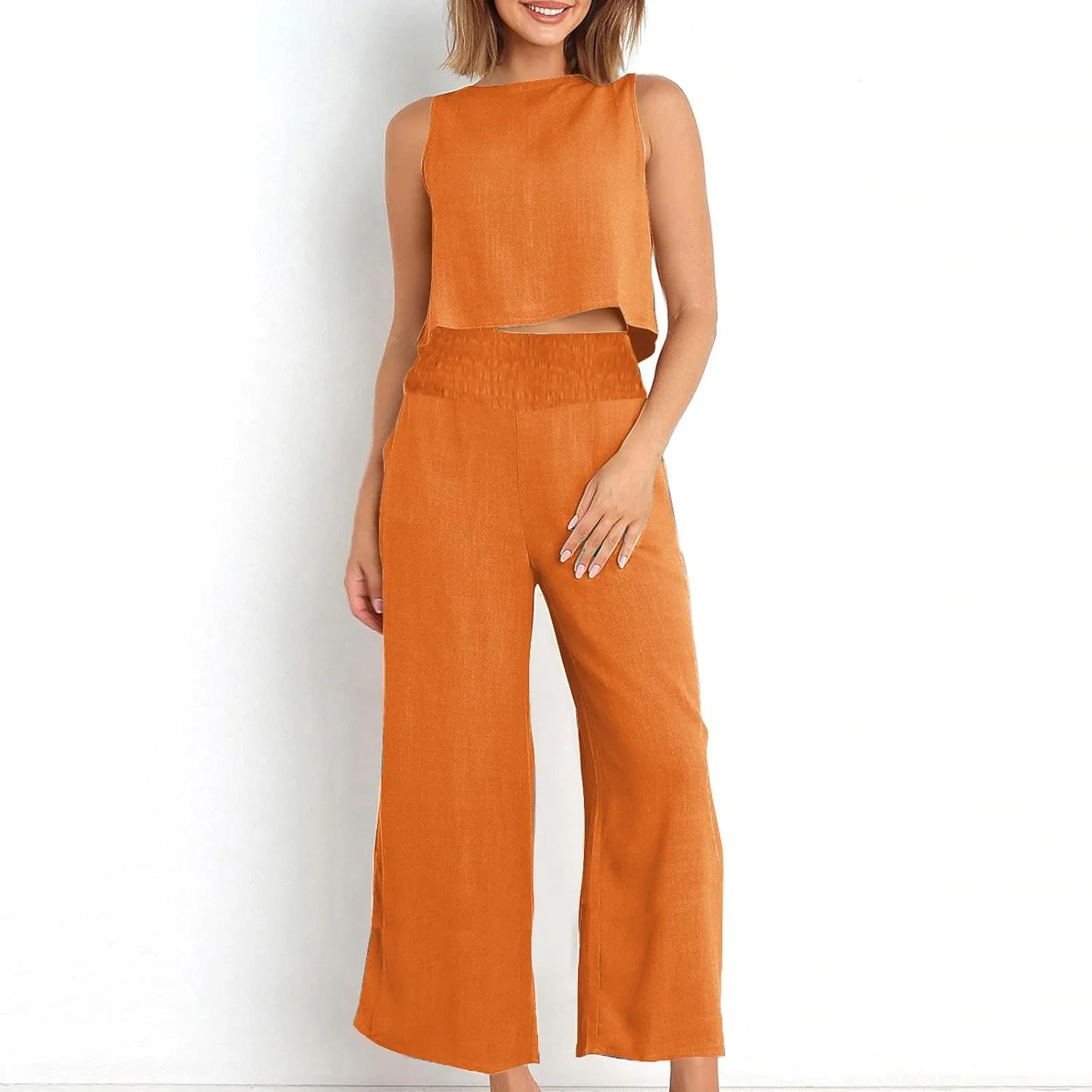 Linen Two Piece Sets For Women Summer 2024 Casual Sleeveless Crop Top & High Waist Wide Leg Matching Lounge Set Outfits
