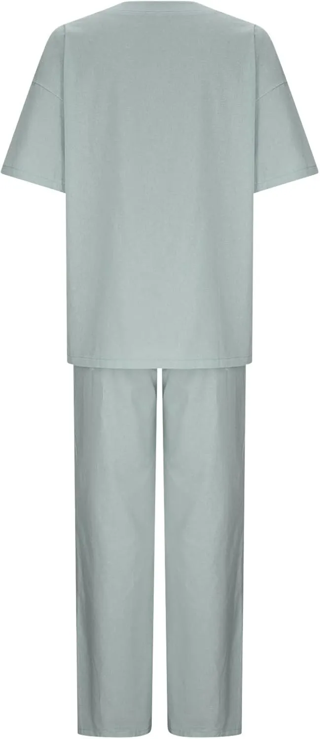 Linen Two Piece Sets For Women Summer 2024 Plus Size Tops And Wide Leg Pants Matching Set Beach Vacation Outfits