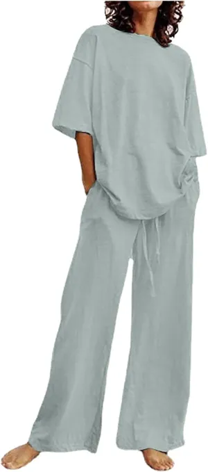 Linen Two Piece Sets For Women Summer 2024 Plus Size Tops And Wide Leg Pants Matching Set Beach Vacation Outfits