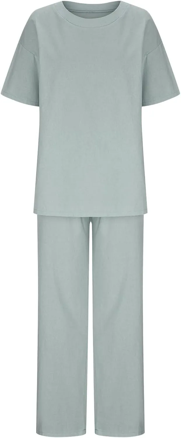 Linen Two Piece Sets For Women Summer 2024 Plus Size Tops And Wide Leg Pants Matching Set Beach Vacation Outfits