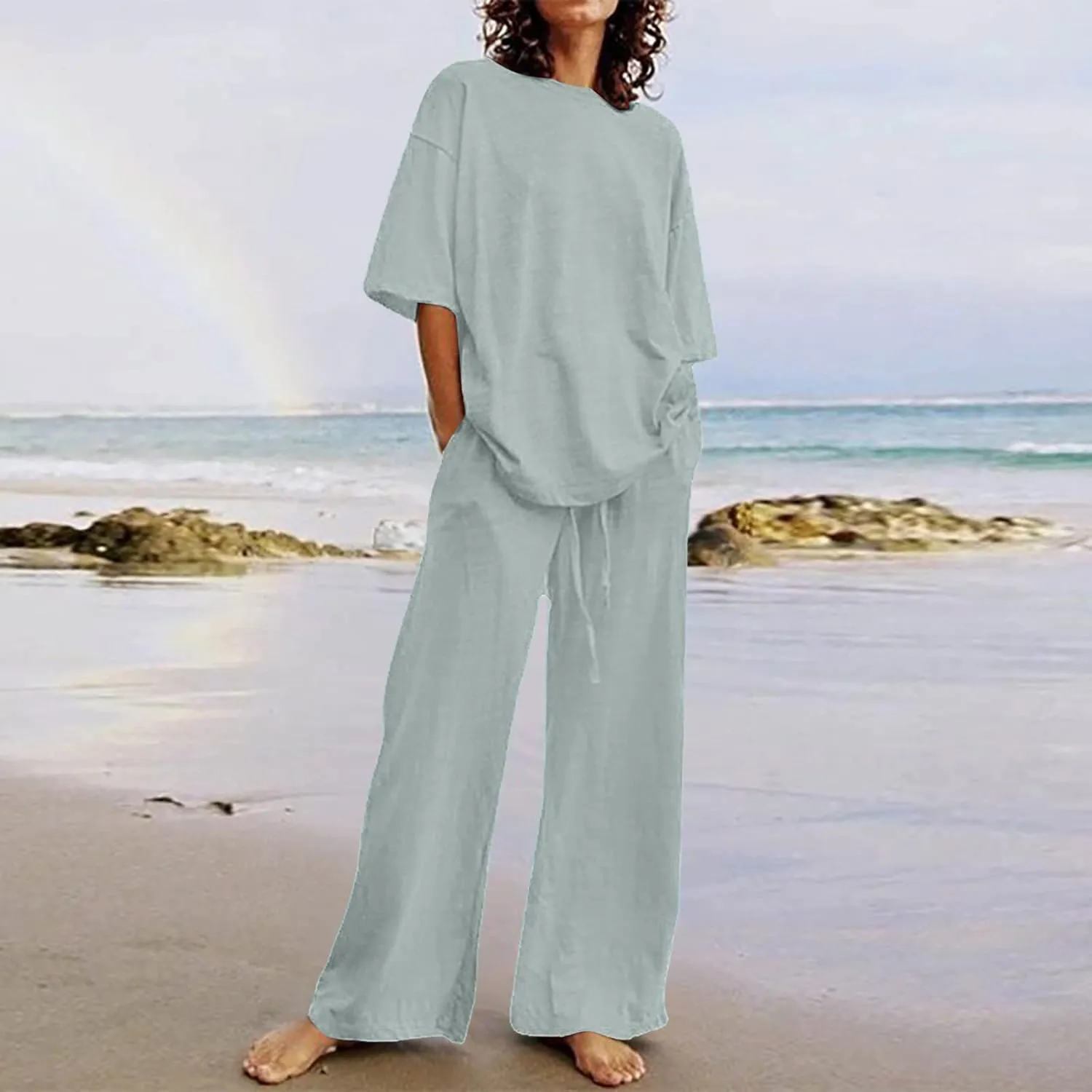 Linen Two Piece Sets For Women Summer 2024 Plus Size Tops And Wide Leg Pants Matching Set Beach Vacation Outfits