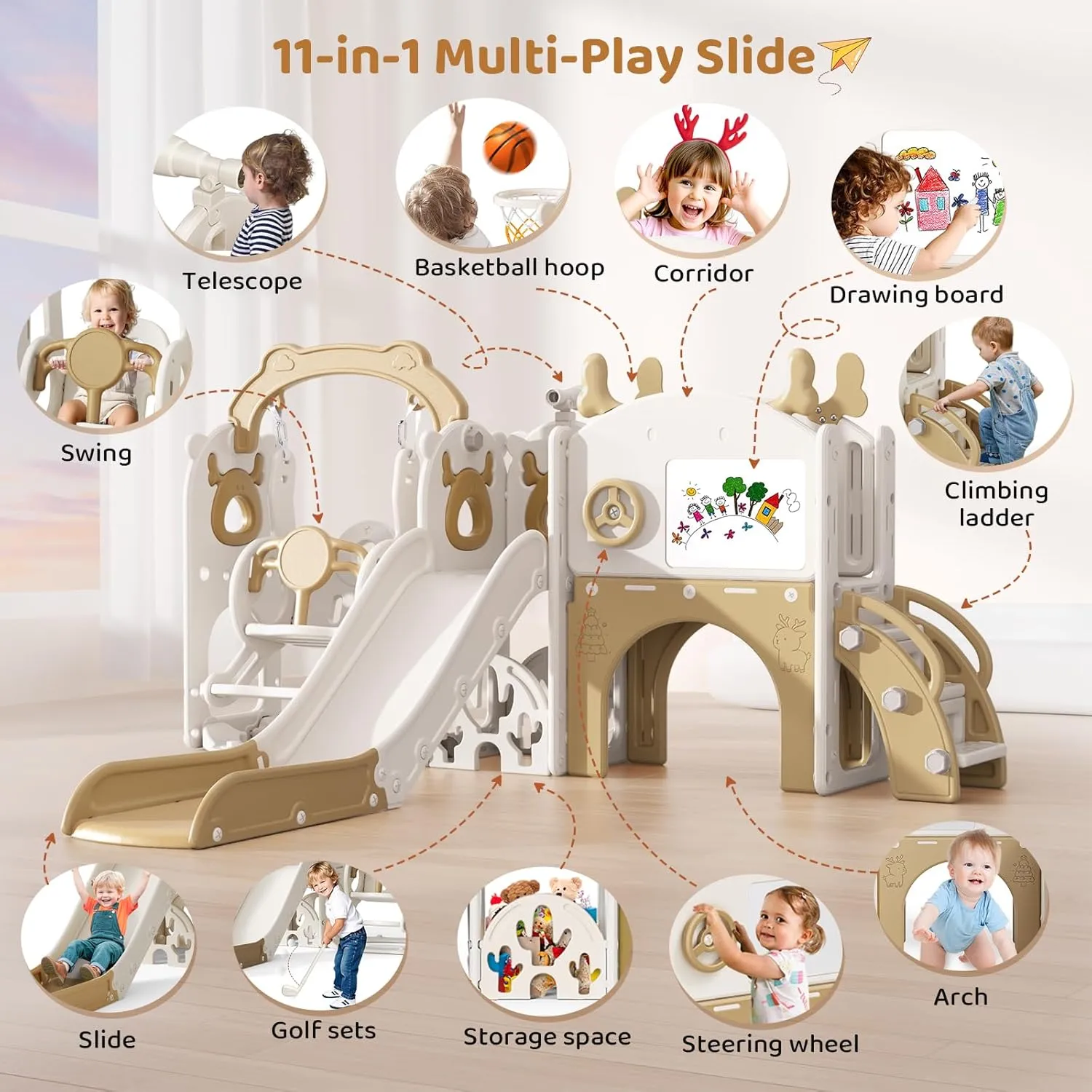 Lischwert Toddler Slide and Swing, Indoor Playground Set for Toddlers, Outdoor Playset Backyard with Basketball Hoop, Tunnel and Storage Space, 8-in-1 Kids Double Slide Age 1  (Moose Coffee 13)