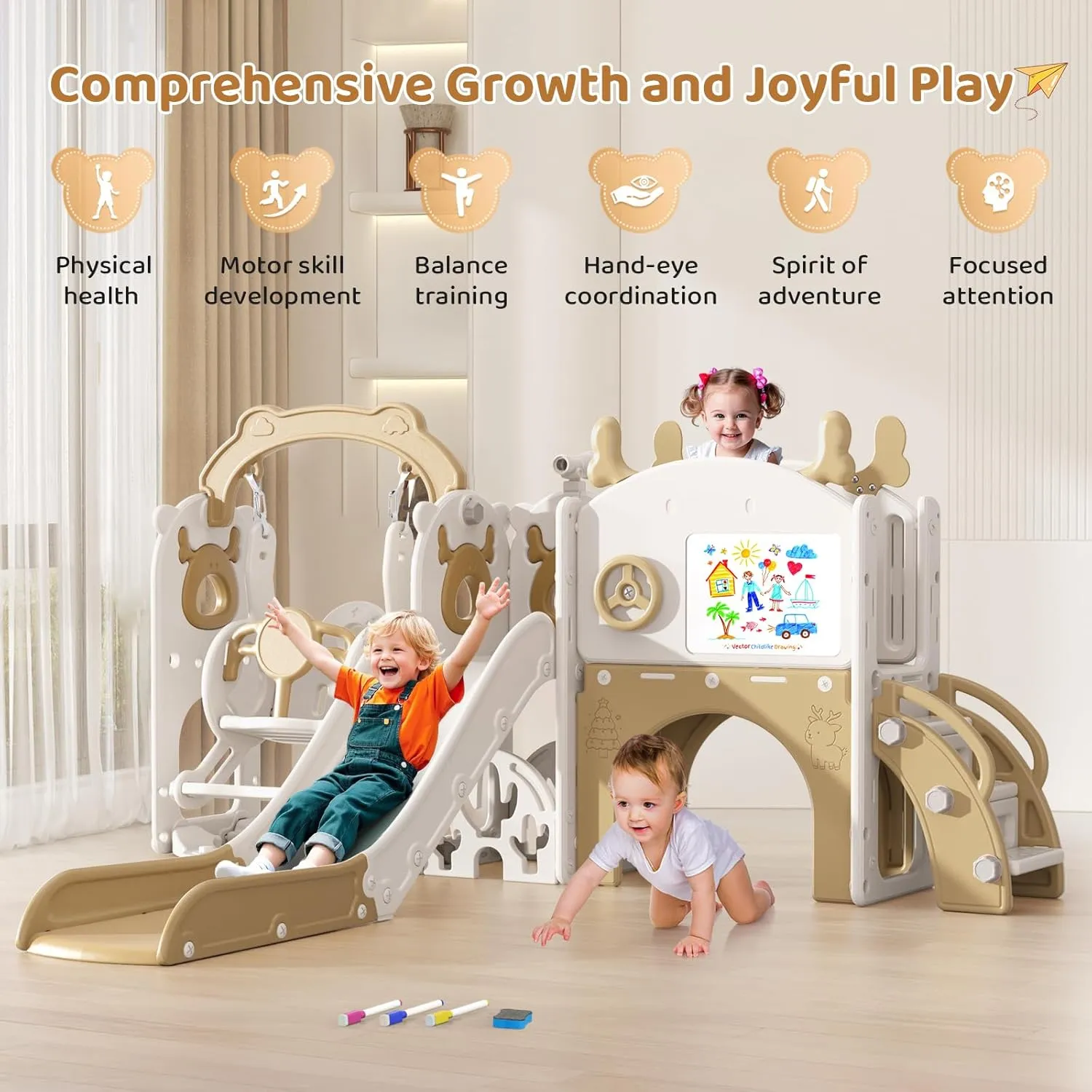 Lischwert Toddler Slide and Swing, Indoor Playground Set for Toddlers, Outdoor Playset Backyard with Basketball Hoop, Tunnel and Storage Space, 8-in-1 Kids Double Slide Age 1  (Moose Coffee 13)