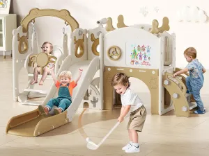 Lischwert Toddler Slide and Swing, Indoor Playground Set for Toddlers, Outdoor Playset Backyard with Basketball Hoop, Tunnel and Storage Space, 8-in-1 Kids Double Slide Age 1  (Moose Coffee 13)