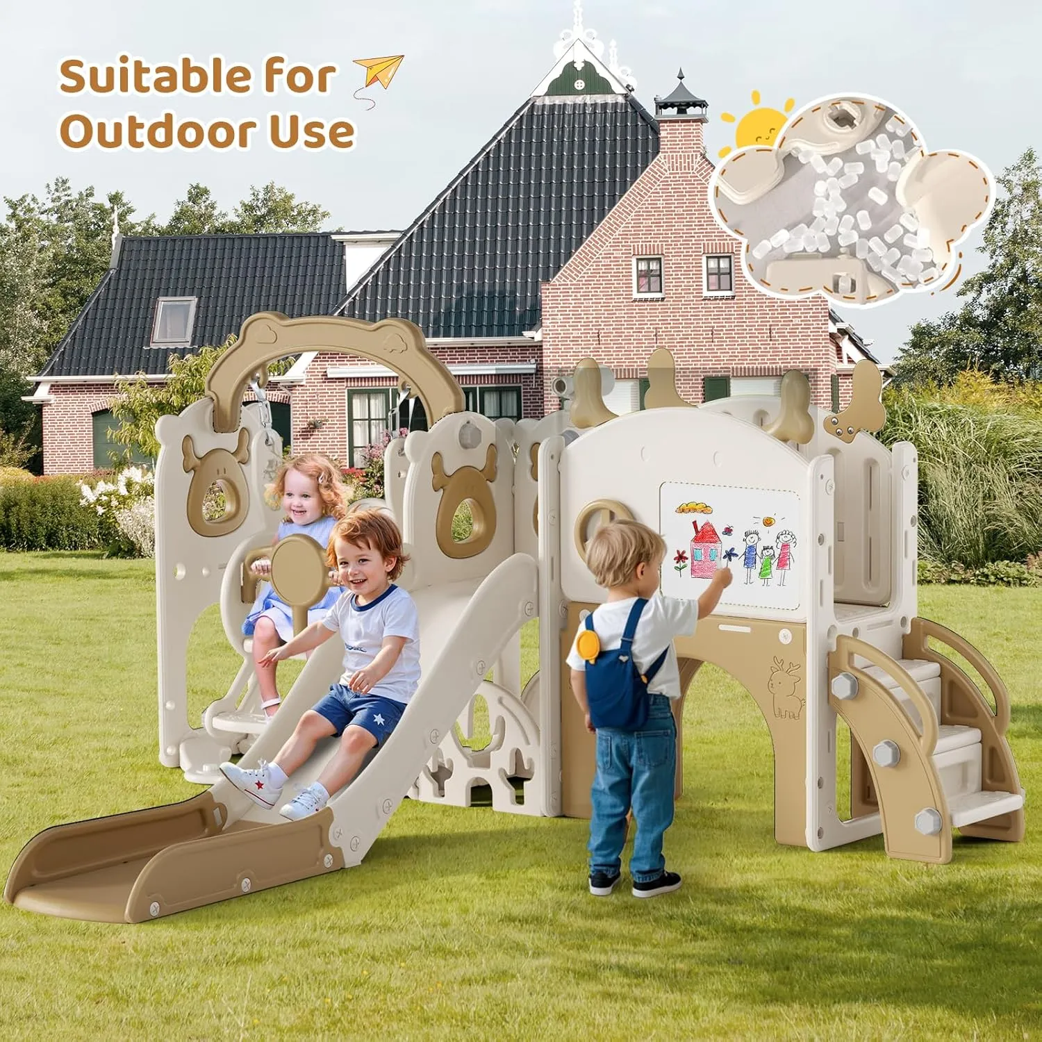 Lischwert Toddler Slide and Swing, Indoor Playground Set for Toddlers, Outdoor Playset Backyard with Basketball Hoop, Tunnel and Storage Space, 8-in-1 Kids Double Slide Age 1  (Moose Coffee 13)
