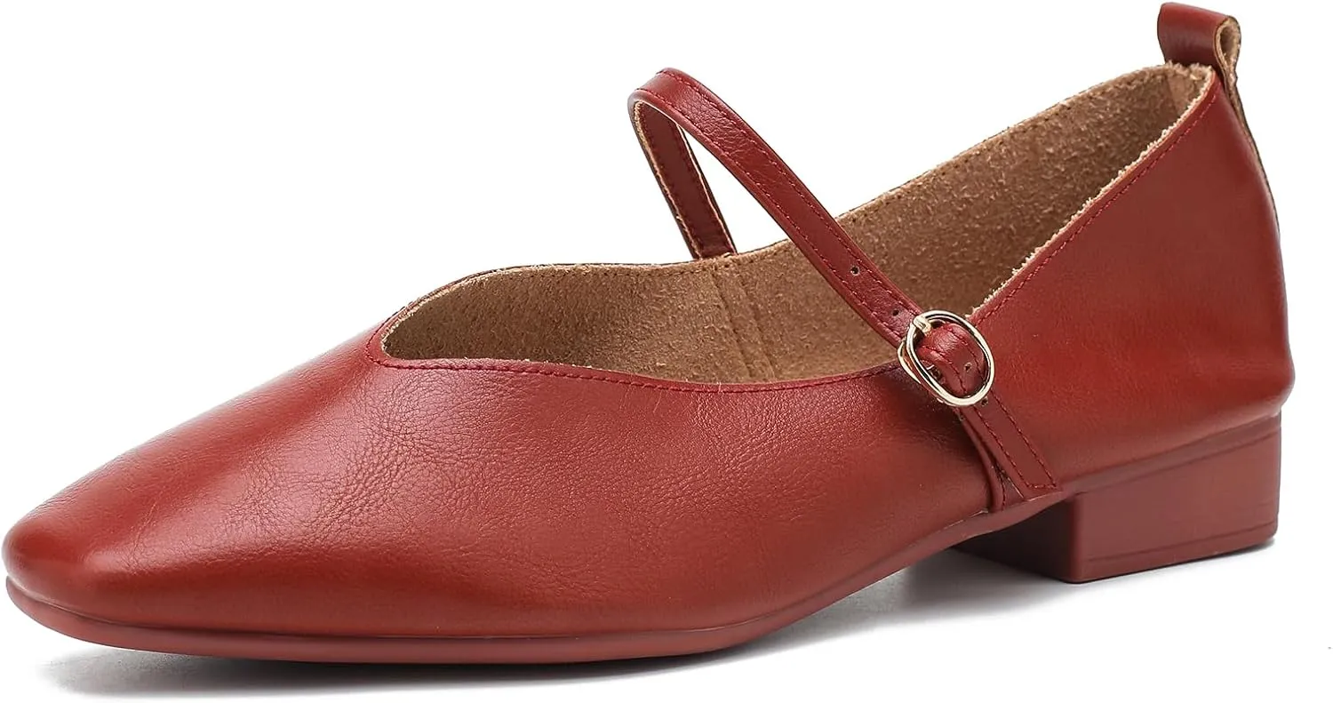 LIURUIJIA Women's Mary Jane Ballet Flats Dress Shoes Square Toe Ankle Strap Casual Dressy Comfortable Retro Foldable Shoes