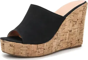 LizFoYa Women Peep Toe Slide Sandal Wedge High Heels Summer Beach Cork Platform Wedge Dressy Slipper Heels