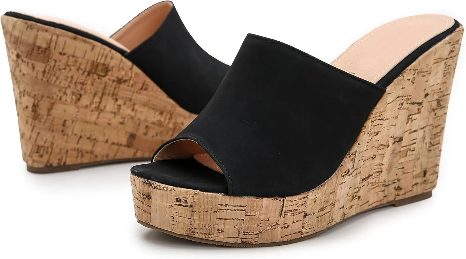 LizFoYa Women Peep Toe Slide Sandal Wedge High Heels Summer Beach Cork Platform Wedge Dressy Slipper Heels
