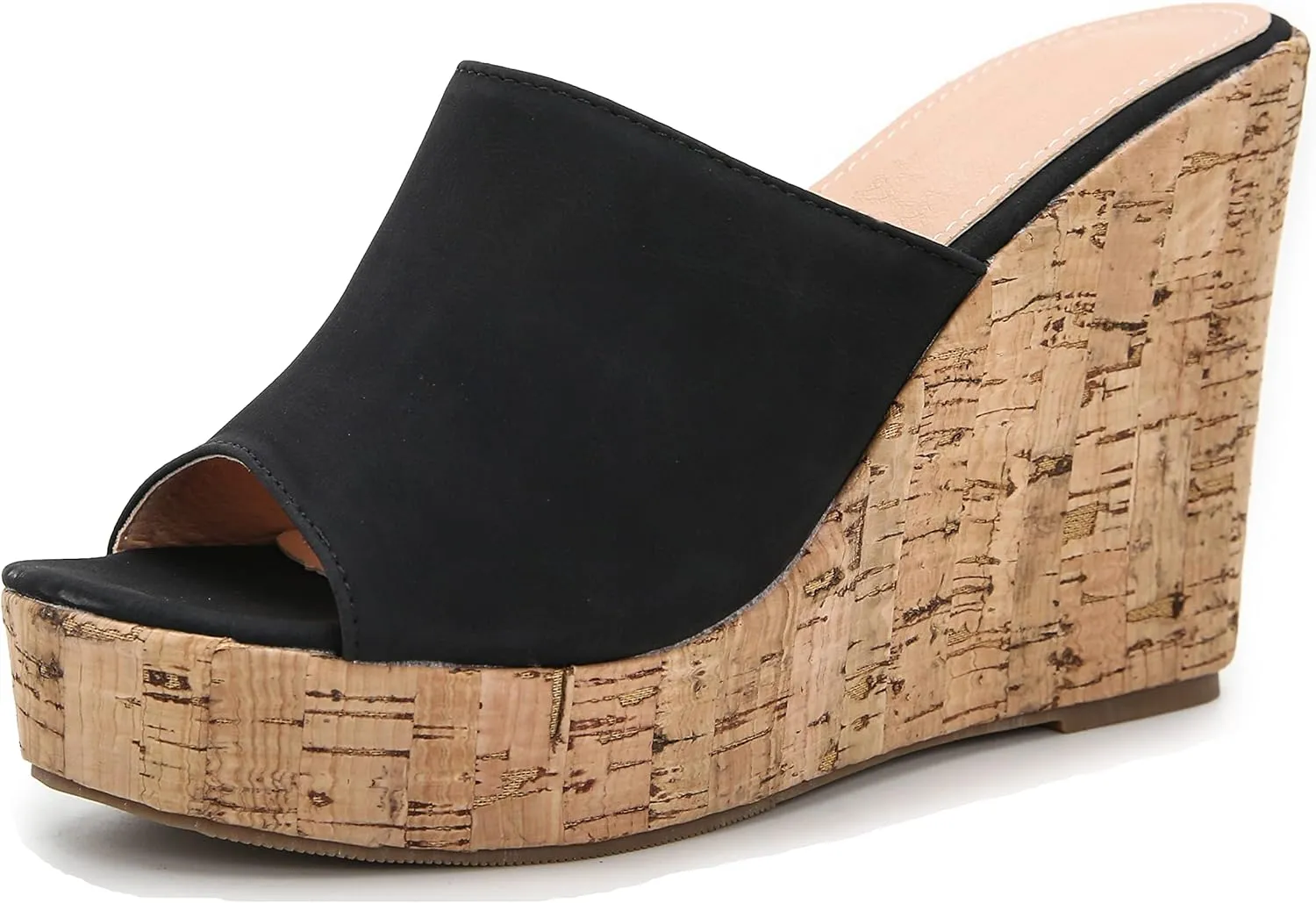LizFoYa Women Peep Toe Slide Sandal Wedge High Heels Summer Beach Cork Platform Wedge Dressy Slipper Heels