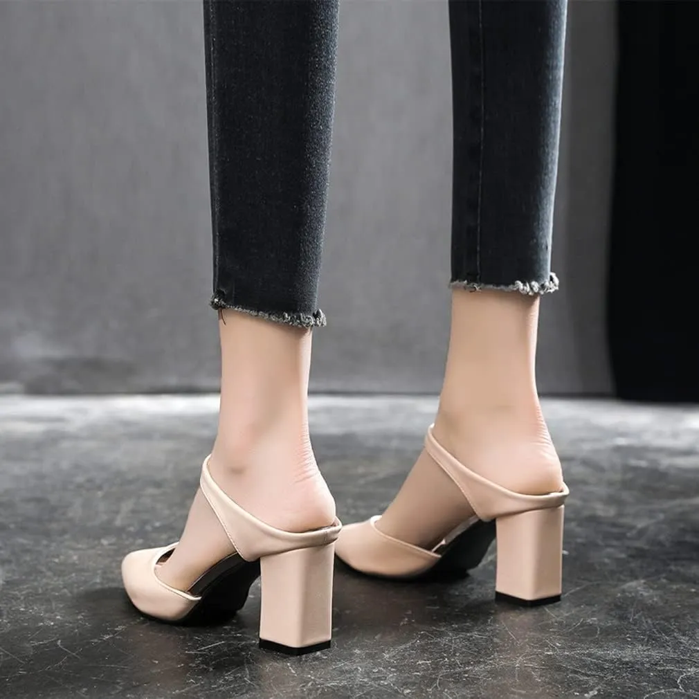 LizFoYa Women Soft Leather Pumps Shoes Pointed Toe Backless Chunky High Heels Summer Cutout Slide Pumps