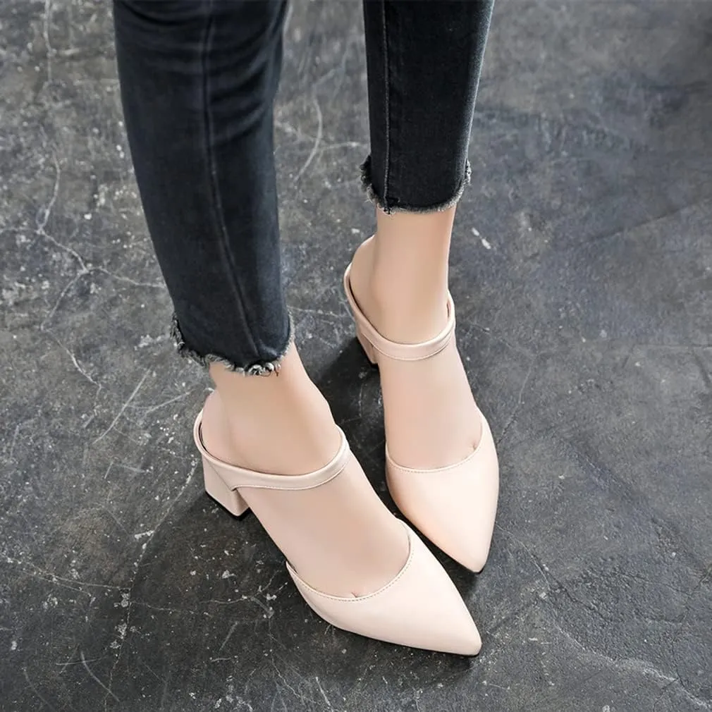 LizFoYa Women Soft Leather Pumps Shoes Pointed Toe Backless Chunky High Heels Summer Cutout Slide Pumps
