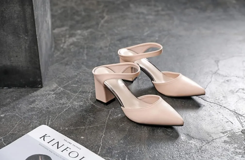LizFoYa Women Soft Leather Pumps Shoes Pointed Toe Backless Chunky High Heels Summer Cutout Slide Pumps