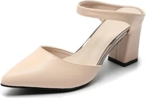 LizFoYa Women Soft Leather Pumps Shoes Pointed Toe Backless Chunky High Heels Summer Cutout Slide Pumps