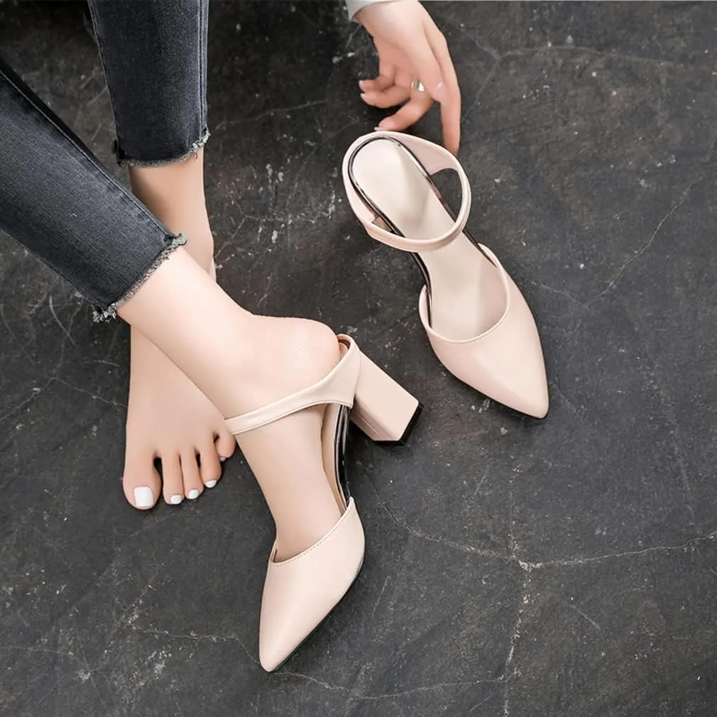 LizFoYa Women Soft Leather Pumps Shoes Pointed Toe Backless Chunky High Heels Summer Cutout Slide Pumps