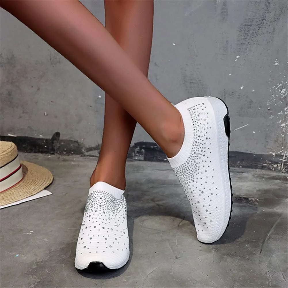 LLTMALL Women's Slip on Sock Sneakers Glitter Rhinestone Latin Jazz Folk Dance Easy Shoes