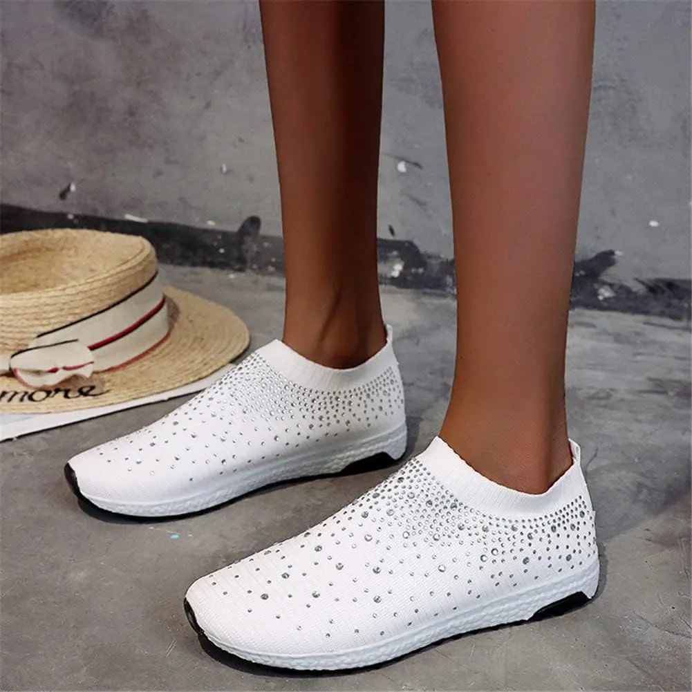 LLTMALL Women's Slip on Sock Sneakers Glitter Rhinestone Latin Jazz Folk Dance Easy Shoes