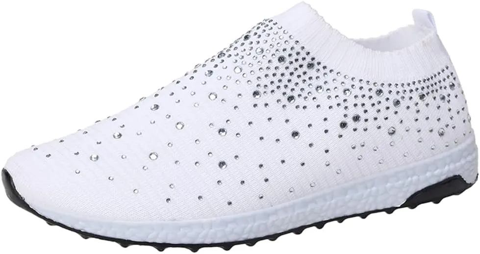 LLTMALL Women's Slip on Sock Sneakers Glitter Rhinestone Latin Jazz Folk Dance Easy Shoes