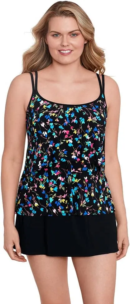 Longitude Women's Swimwear Double Ruffle Faux Skirtini One Piece Swimdress