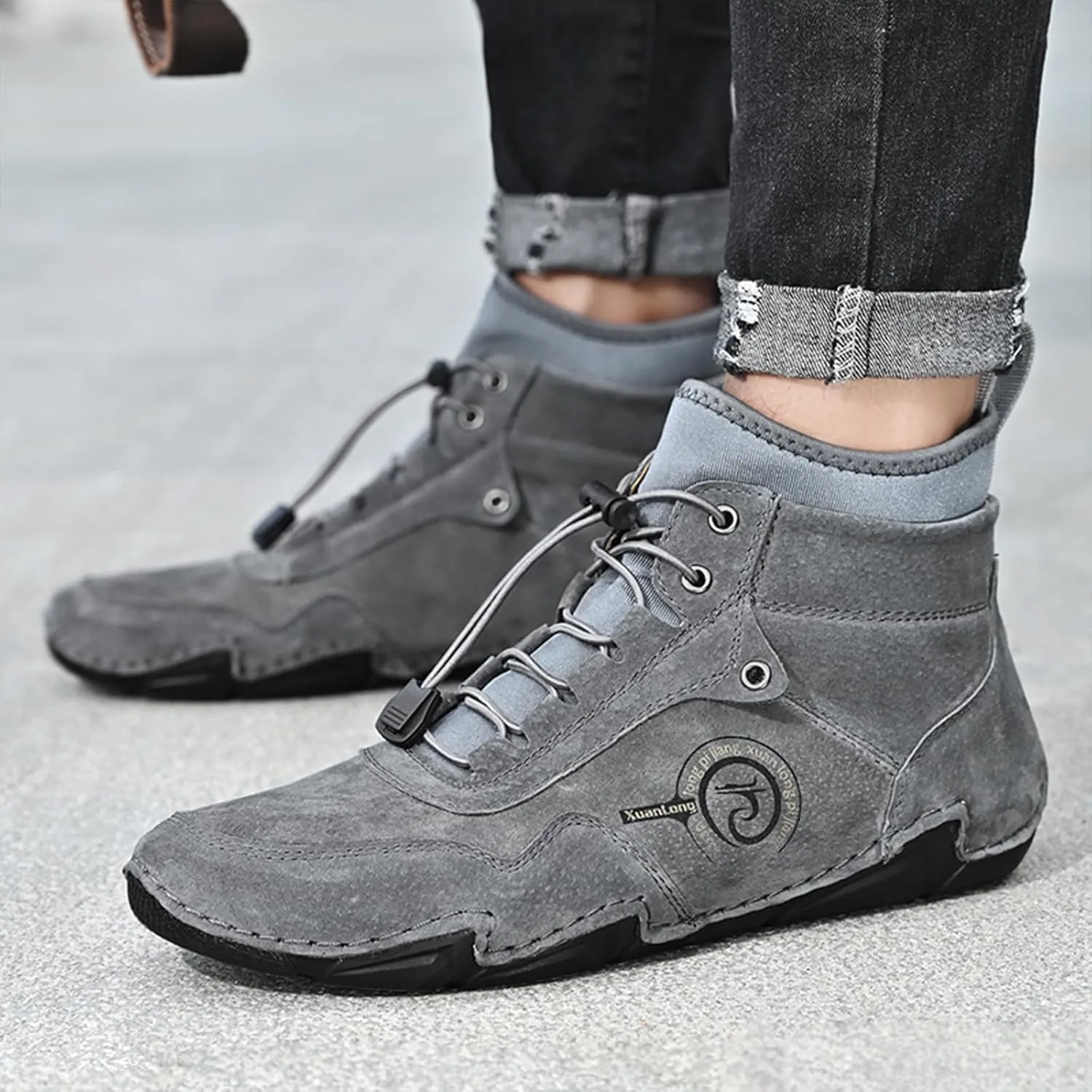 Lossarye Men's Handmade Suede Casual Chukka Boots Adjustable Waterproof Non-Slip Outdoor High Top Boots Slip-on Walking Driving Beck Shoes