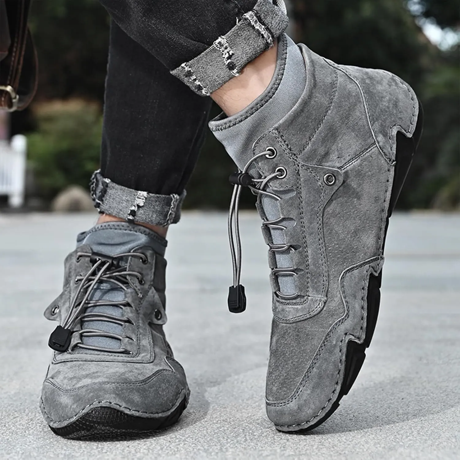 Lossarye Men's Handmade Suede Casual Chukka Boots Adjustable Waterproof Non-Slip Outdoor High Top Boots Slip-on Walking Driving Beck Shoes